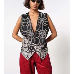 VTG SEQUIN AND BEAD VEST WAISTCOAT Women M Geometric Floral Statement Bling 90s
